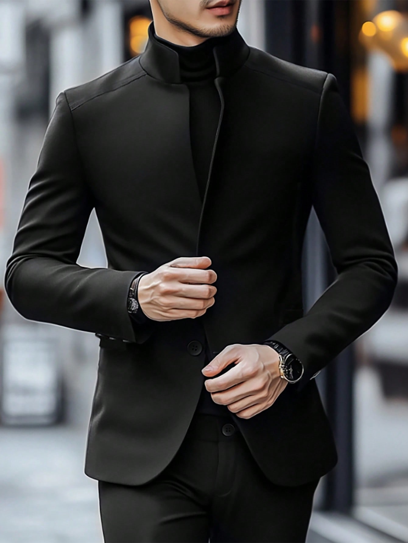 Calvornis بدلة رجالية لون سادة طويلة الأكمام طوق و...