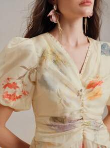 Anewsta 女式法式高端碎花 V 领收腰优雅夏季连衣裙，女式碎花连衣裙 - 杏色 - 查看 2