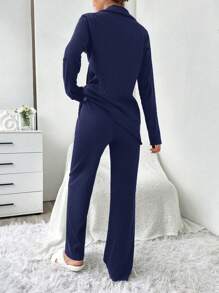 EURMUSE 100%Cotton Shirt Style Buttoned Striped Dark Blue 2-Piece Pajama Set - Navy Blue - View 2