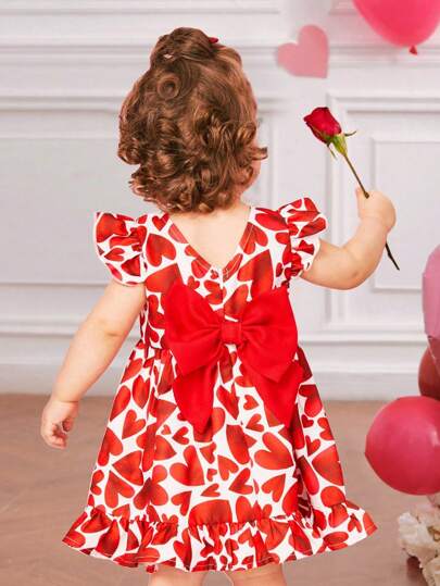 SHEIN Fern Glow  Baby Girls' Casual Loose Short Sleeve Heart Pattern Dress