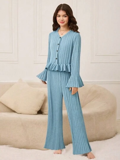 SHEIN 2 件套青少年女孩时尚舒适休闲浅蓝色羊毛宽松针织圆领运动衫和裤子家居服