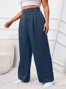 SHEIN EZwear Plus Spring Plicated Detail Wide Leg Black Suit Pants