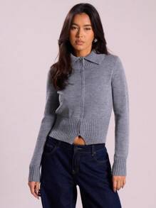 MUSERA Ribbed Collared Double Zip Cardigan Spring Business Casual Elegant Old Money Brunch - Grey - View 1