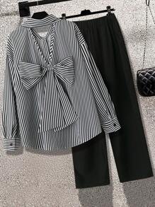 Calvaya 2 Peças Conjunto de Calça Preta Sólida Reta Solta e Blusa de Manga Longa com Laço no Ombro Listrada Preta e Branca de Moda Casual Plus Size para Mulheres - Cinza - Visão 1