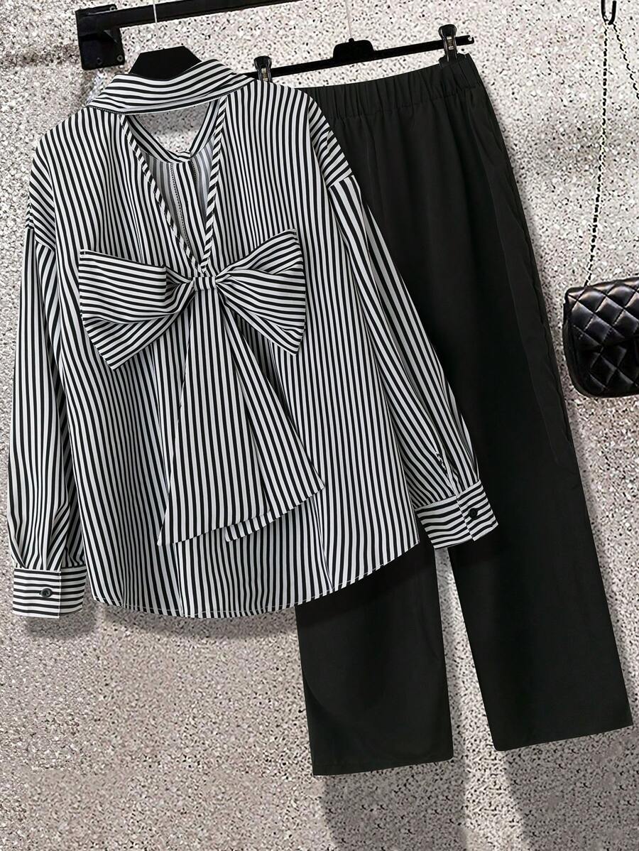 Calvaya 2 Peças Conjunto de Calça Preta Sólida Reta Solta e Blusa de Manga Longa com Laço no Ombro Listrada Preta e Branca de Moda Casual Plus Size para Mulheres - Cinza - Visão 1