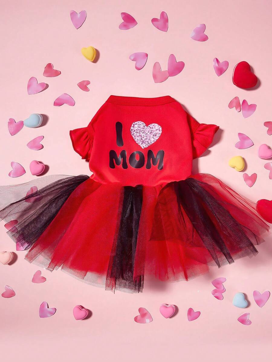 PETSIN 1 件宠物情人节红色盖袖渐变红黑渐变网眼“我爱妈妈”印花优雅甜美狗狗公主裙 - 彩色 - 查看 1