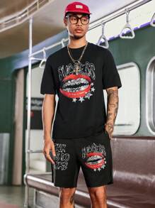 Manfinity EMRG Men's Oversized Graphic Print Round Neck Short Sleeve T-Shirt And Shorts Set, Casual,Men's Black T-Shirt And Shorts Set, With Eye-Catching Red Lips Inlaid With Diamonds And The Word "SUCCESS", Is Fashionable And Street-Style. Suitable For Outdoor Sports Occasions. - Black - View 4