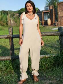 SHEIN LUNE Mono de Navidad con cuello en V, nudo, dobladillo con volantes para mujer de talla grande, vestido de refrigeración, atuendo de alivio del estrés, vestido largo de noche, ropa de estar en casa elegante y de moda