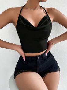 SHEIN Unity Top halter de cuello con fruncido de espalda abierta con cordón - Negro - Ver 4