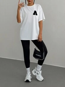 SHEIN EZwear 女士新款宽松字母印花短袖 T 恤和紧身裤套装