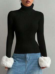SHEIN Unity Tight Casual High Collar Colorblock Fluffy Sleeve Hem Sweater Knit Pullover Fall Winter Sweater - Multicolor - View 6