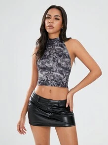 SHEIN Unity 1pc Women Versatile Halter Tank Tops, Casual Vintage Camouflage Print Fashion Sleeveless Tank Top, Multi-Season Wear - Black - View 5