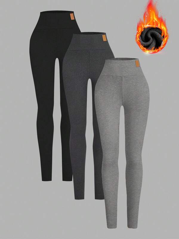 SHEIN EZwear 3pcs Women's Solid Color Thermal Lined Leggings, Autumn/Winter