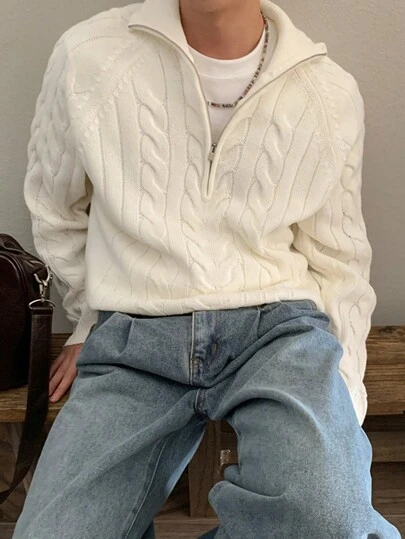 DAZY Solid Color Beige Casual Daily Wear Knitted Sweater For Men, Spring Winter Quarter Zip Men