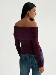 Aloruh 优雅紫色露肩褶皱修身上衣 - 紫色 - 查看 4