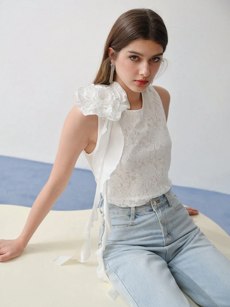 MOTF STUDIO STEREO FLORAL RUFFLE TRIM LACE SLEEVELESS BLOUSE,SPRING/SUMMER