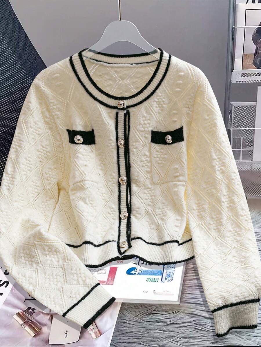 SHEIN Clasi Contrast Trim Button Front Long Sleeves Cardigan