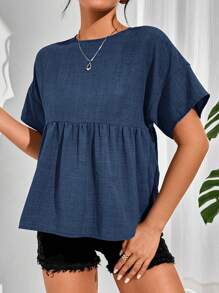 SHEIN Essnce Áo thun nữ cổ tròn tay ngắn xếp ly màu trơn tối giản, mặc thường ngày - Màu xanh hải quân - Xem 5