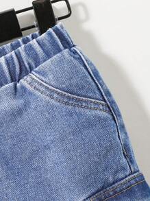 SHEIN New Loose Drawstring Waist Street Casual Cargo Pants For Baby Boys - Medium Wash - View 3