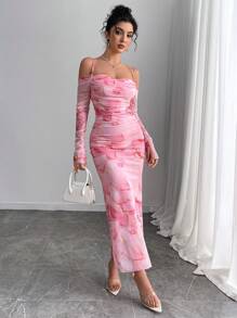 Rafferiza 女士长袖网眼连衣裙，露肩优雅美人鱼连衣裙 - 粉色 - 查看 7