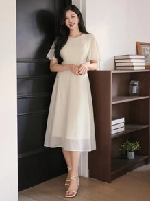 DAZY Elegant Solid Color Round Neck Fitted Waist Midi Dress For Women, Summer Sundress - Beige - View 6