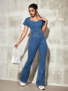 SHEIN EZwear 休闲水洗修身弹力喇叭腿牛仔连体裤，适合户外和日常活动 - 藍色 - 查看 1