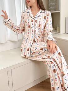 Contrast Trim Bear & Floral Print Collared Button Up Wrinkle Pajama Set Cozy And Elegant Details, Fall Winter Clothes - Multicolor - View 6