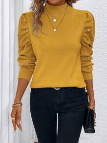 SHEIN Clasi Women's Rhinestone Decorated Solid Color Long Sleeve Knit Sweater, Simple Casual For Everyday Wear Knit Pullover Fall Winter Sweater - Yellow - View 1