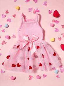 PETSIN 1pc Pet Valentine's Day Pink Knitted Patchwork Red Heart Flocked Mesh Bow Decor Cute & Sweet Dog Dress