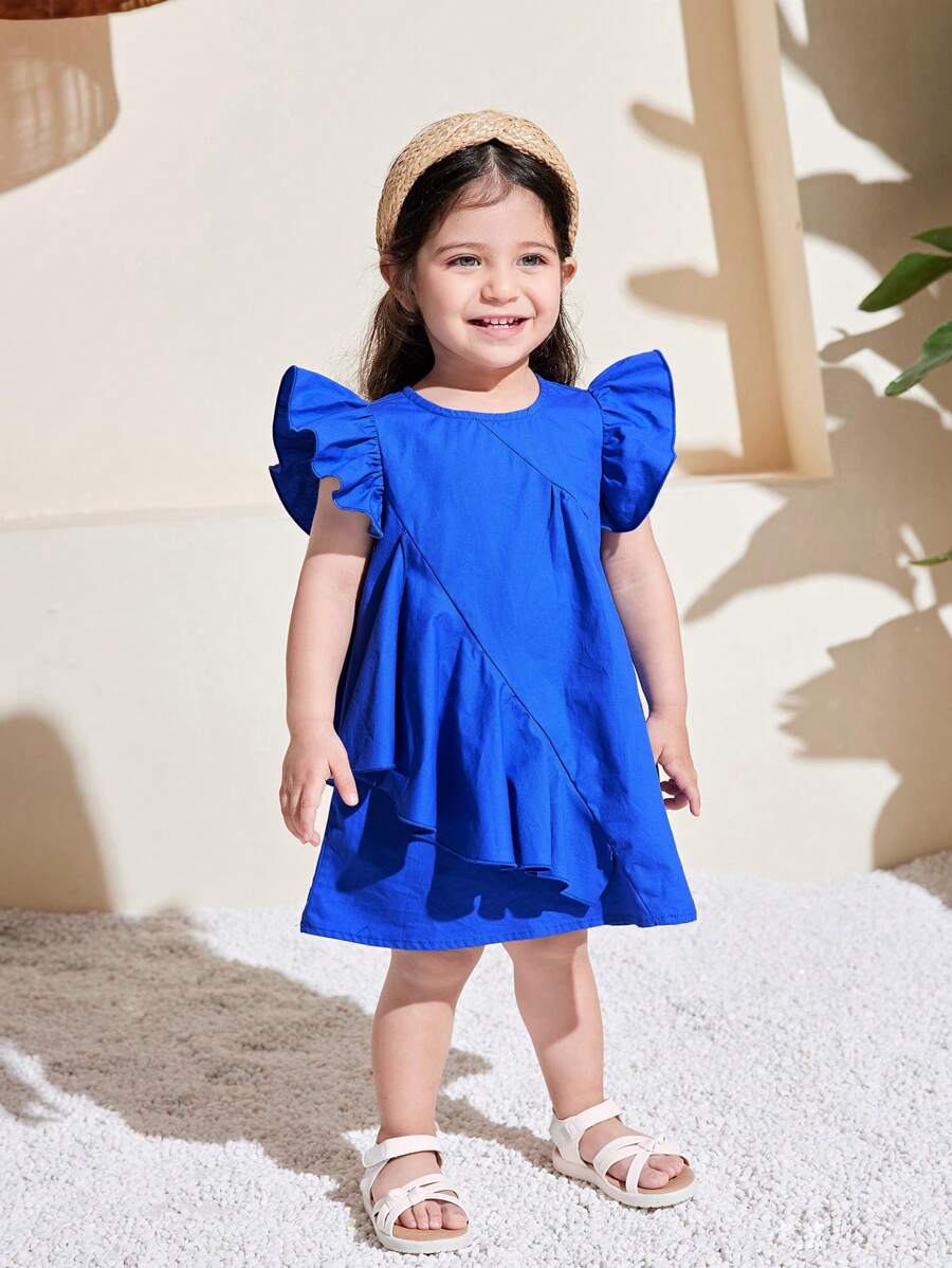 SHEIN 可爱蓝色荷叶边盖袖女童夏装 - 藍色 - 查看 1