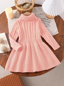 年轻女孩 A 字形高领针织毛衣连衣裙 - 粉色 - 查看 4