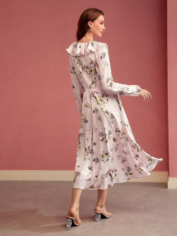 FLORAL PRINT RUFFLE TRIM DRESS,VALENTINE'S DAY OUTFIT, LONG SLEEVES, MIDI DRESS,SPRING/SUMMER