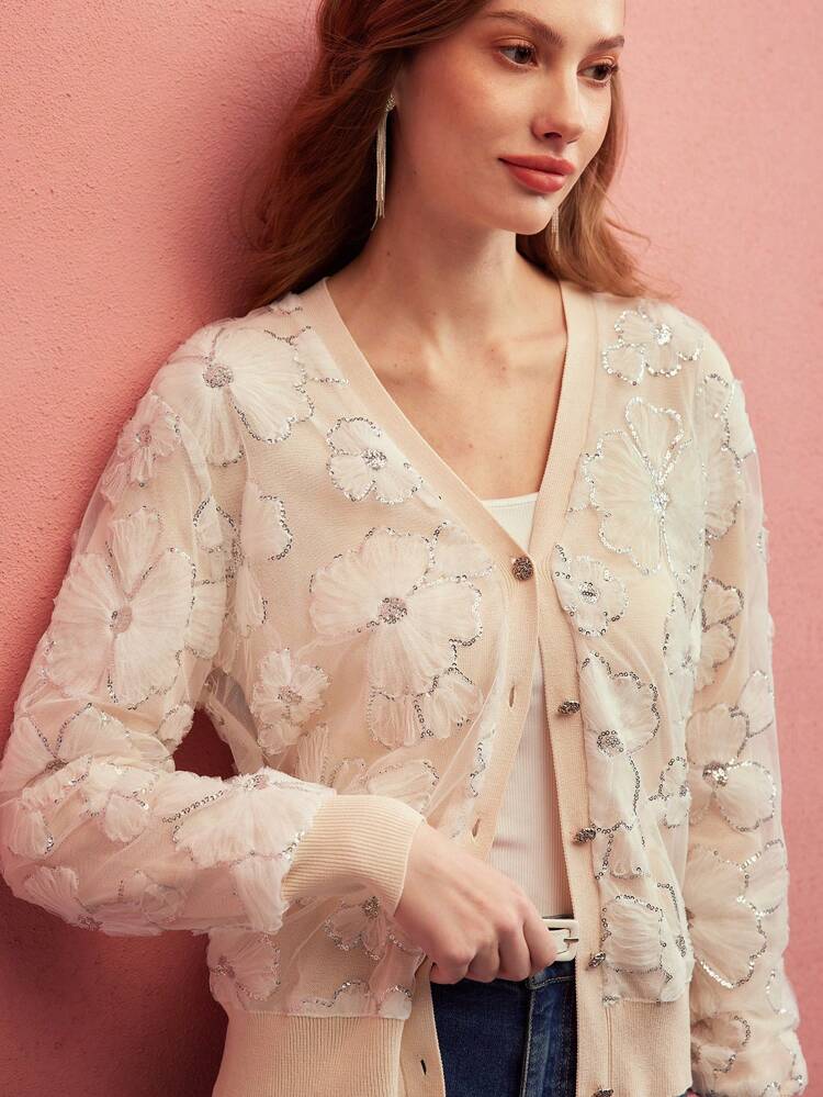 CONTRAST MESH SEQUIN FLORAL EMBROIDERY CARDIGAN, LIGHT WEIGHT CARDIGAN,SPRING/SUMMER
