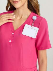 TaskEZ Pink V-Neck Casual Top With Pockets & Drawstring Pants Set Scrub Uniform Set - Hot Pink - View 7