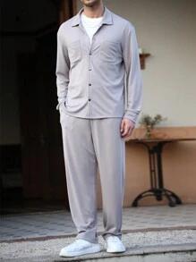 Manfinity Homme 1 Set de camisa de manga larga de unicolor con bolsillo y pantalones largos minimalista para hombre