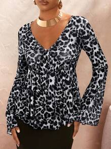 Opulessa Women's Fitted Deep V-Neck Flare Sleeve Leopard Print Knitted Mesh Vacation TopLong Sleeves Woman,Sexy,Party, VCAY - Black - View 6