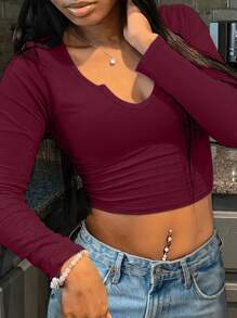 INAWLY Women Casual Solid Color Notched Neck Crop T-Shirt, Autumn