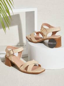 SHUZIA 宽版女式搭扣带交叉带方头木纹粗跟拉菲草凉鞋 - 加大码舒适、时尚、百搭 - 米色 - 查看 1