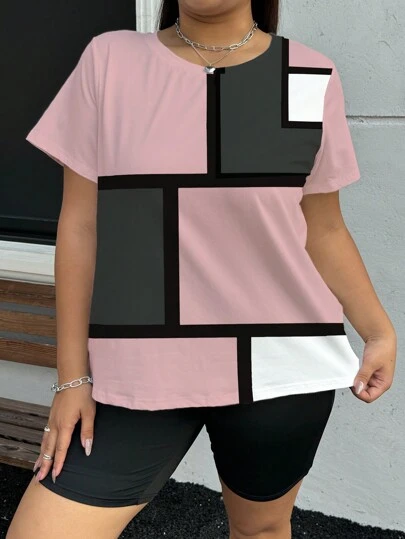 Plus Size Vintage Print Round Neck Short Sleeve T-Shirt For Daily Wear In Spring And Summer Graphic Tees Women Tops