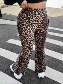 SHEIN EZwear Pantalones de mujer talla grande Y2k, pantalones cargo, pantalones acampanados, pantalones informales con bolsillos de estampado de leopardo y diseño simple, para uso diario, ropa de primavera y verano - Multicolor - Ver 2