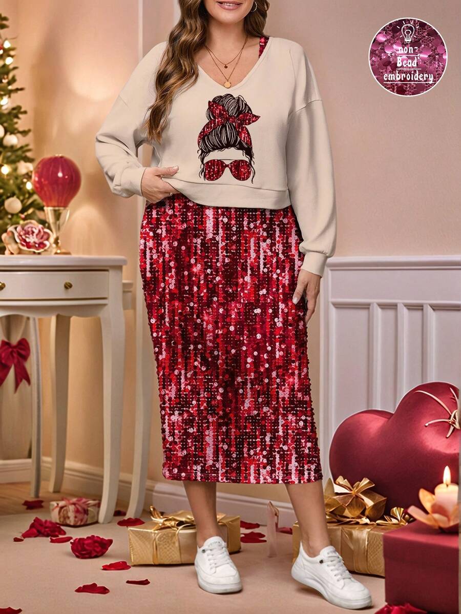 SHEIN LUNE 2 件套加大码肖像艺术印花连衣裙和连帽衫套装，适合春秋季节、情人节