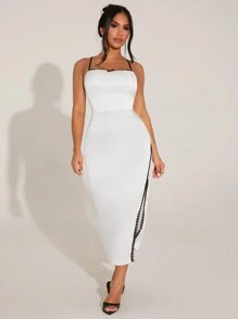 SHEIN SXY Elegant Contrast Color Lace Trim High Split Cami Dress