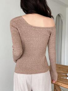 DAZY 女士秋季露肩纽扣前开襟休闲毛衣，秋季女装 - 卡其色 - 查看 2