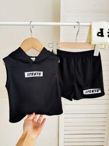 SHEIN 2 件套男童/女童无袖连帽上衣和松紧腰短裤套装 - 黑色 - 查看 6