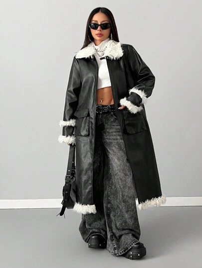 SHEIN EZwear 女士西部音乐会外出羊毛保暖毛绒领黑色皮革中长夹克外套