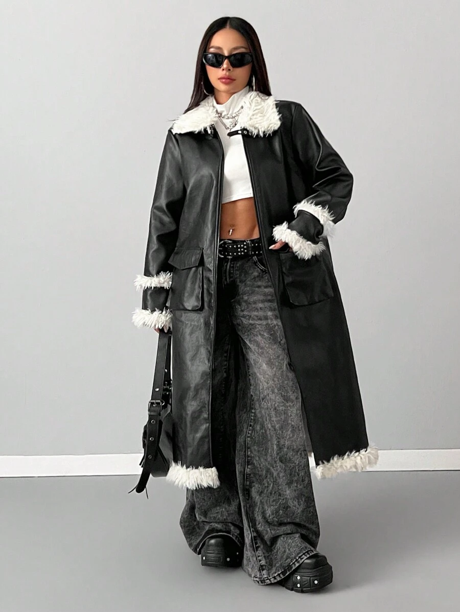 SHEIN EZwear 女士西部音乐会外出羊毛保暖毛绒领黑色皮革中长夹克外套 - 黑色 - 查看 1