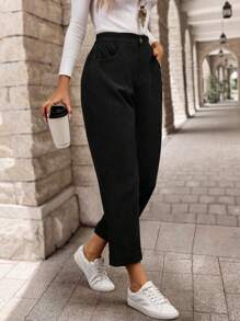EMERY ROSE Women's Solid Color Front Button Pocket Simple Casual Long Pants - Black - View 4
