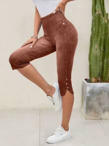 EMERY ROSE Denim Effect Printed Elastic Waist Button Detail Slit Hem Capri Leggings Summer - Redwood - View 7