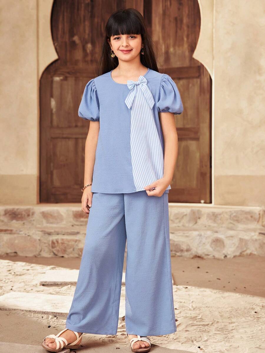 SHEIN Leap Crew Tween-Mädchen Lässiges, lockeres Oberteil mit Rundhalsausschnitt, Puffärmeln und Schleifenakzent + Hose, 2-teiliges Set - Weiss - Übersicht 1