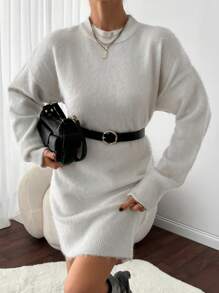 EURMUSE Women Solid Color Hairy Yarn Round Neck Drop Shoulder Pullover - Beige - View 5